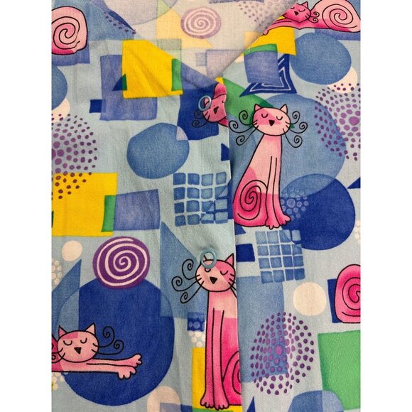 Fundamentally Cotton By White Swan Whimsical Cat Print Scrub Top S Snap Front - Picture 4 of 10